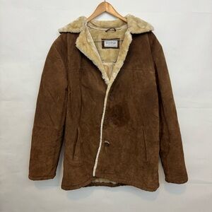 Vintage Leather Brown Leather Coat with Cream Sherpa Lining Large